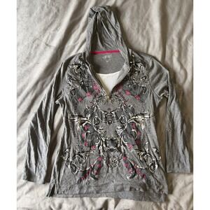 Style & Co Sport Womens Gray Graphic Quarter Zip Hoodie Cotton Top Large